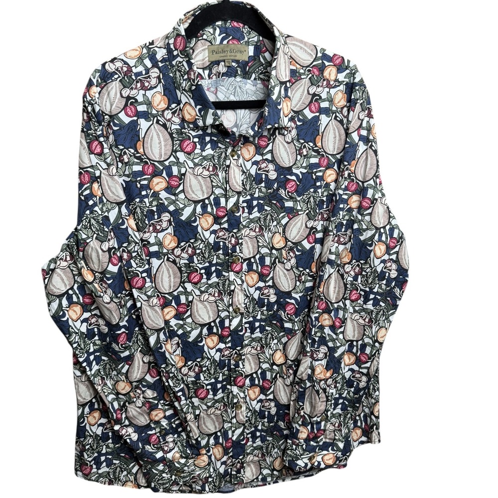 Paisley & Gray Limited Edition Mens‎ XXL Fig Fruit Print Button Down Shirt Blue